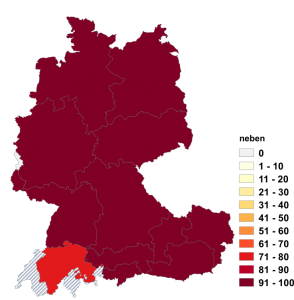 Relative Auftretenshäufigkeit von neben innerhalb der einzelnen Areale im Verhältnis zu nebst (in %)