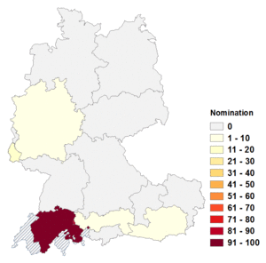 Relative Auftretenshäufigkeit von Nomination innerhalb der einzelnen Areale im Verhältnis zu Nominierung (in %)