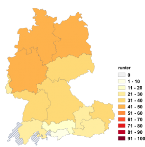 Relative Auftretenshäufigkeit von runter innerhalb der einzelnen Areale im Verhältnis zu herunter, hinunter (in %)