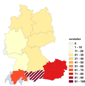 Relative Auftretenshäufigkeit von verstellen innerhalb der einzelnen Areale im Verhältnis zu zustellen (in %)