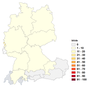 Relative Auftretenshäufigkeit von blöde innerhalb der einzelnen Areale im Verhältnis zu blöd (in %)