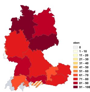 Relative Auftretenshäufigkeit von eben innerhalb der einzelnen Areale im Verhältnis zu halt (in %)