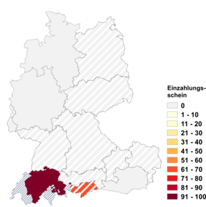 Relative Auftretenshäufigkeit von Einzahlungsschein innerhalb der einzelnen Areale im Verhältnis zu Zahlschein (in %)