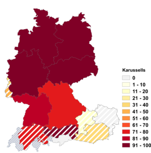 Relative Auftretenshäufigkeit von Karussells innerhalb der einzelnen Areale im Verhältnis zu Karusselle (in %)