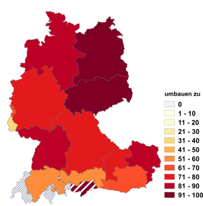 Relative Auftretenshäufigkeit von umbauen zu innerhalb der einzelnen Areale im Verhältnis zu umbauen in (in %)