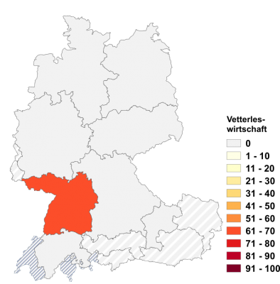 Relative Auftretenshäufigkeit von Vetterleswirtschaft innerhalb der einzelnen Areale im Verhältnis zu Vetterliwirtschaft und Vetternwirtschaft (in %)