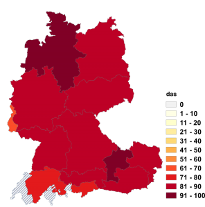 Relative Auftretenshäufigkeit von das innerhalb der einzelnen Areale im Verhältnis zu dies (in %)