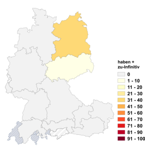Relative Auftretenshäufigkeit von haben + zu-Infinitiv innerhalb der einzelnen Areale im Verhältnis zu haben + reiner Infinitiv (in %)