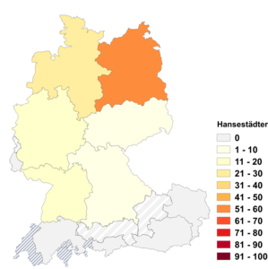 Relative Auftretenshäufigkeit von Hansestädter innerhalb der einzelnen Areale im Verhältnis zu Hanseat (in %)