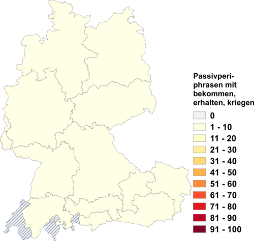 Relative Auftretenshäufigkeit von Passivperiphrasen mit bekommen, erhalten, kriegen innerhalb der einzelnen Areale im Verhältnis zum Gesamtvorkommen in allen Arealen (in %)