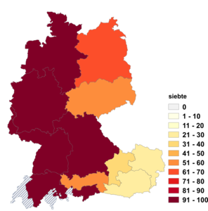 Relative Auftretenshäufigkeit von siebte innerhalb der einzelnen Areale im Verhältnis zu siebente (in %)