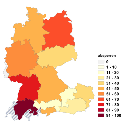 Relative Auftretenshäufigkeit von absperren innerhalb der einzelnen Areale im Verhältnis zu versperren und zusperren (in %)