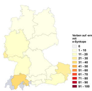Relative Auftretenshäufigkeit von Verben auf -ern mit e-Synkope innerhalb der einzelnen Areale im Verhältnis zu Verben auf -ern ohne e-Synkope (in %)