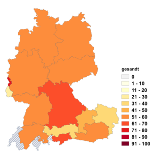 Relative Auftretenshäufigkeit von gesandt innerhalb der einzelnen Areale im Verhältnis zu gesendet (in %)