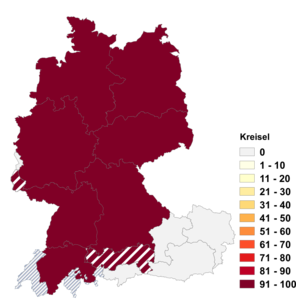 Relative Auftretenshäufigkeit von Kreisel innerhalb der einzelnen Areale im Verhältnis zu Verkehrskreisel (in %)