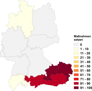 Relative Auftretenshäufigkeit von Maßnahmen setzen innerhalb der einzelnen Areale im Verhältnis zu Maßnahmen treffen (in %)
