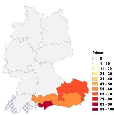 Relative Auftretenshäufigkeit von Primar innerhalb der einzelnen Areale im Verhältnis zu Primararzt und Primarius (in %)