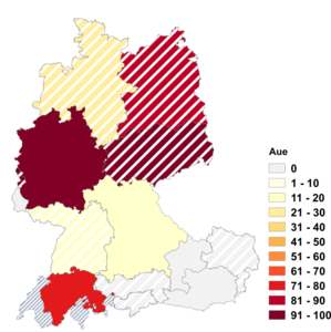 Relative Auftretenshäufigkeit von Aue innerhalb der einzelnen Areale im Verhältnis zu Au (in %)