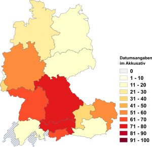 Relative Auftretenshäufigkeit von Datumsangaben nach am, vom, zum im Akkusativ innerhalb der einzelnen Areale im Verhältnis zu Datumsangaben nach am, vom, zum im Dativ (in %)