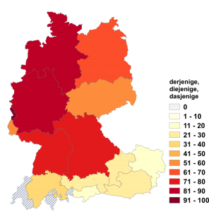Relative Auftretenshäufigkeit von derjenige, diejenige, dasjenige innerhalb der einzelnen Areale im Verhältnis zu jener, jene, jenes (in %)