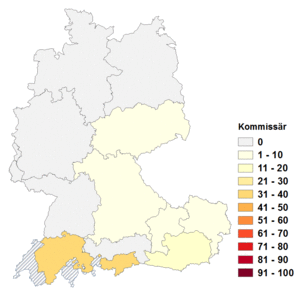 Relative Auftretenshäufigkeit von Kommissär innerhalb der einzelnen Areale im Verhältnis zu Kommissar (in %)