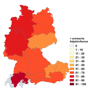 Relative Auftretenshäufigkeit von sämtliche + schwache Adjektivflexion innerhalb der einzelnen Areale im Verhältnis zu sämtliche + starke Adjektivflexion (in %)