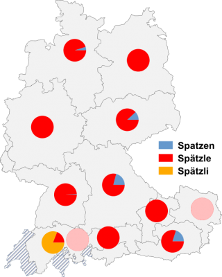 Relative Auftretenshäufigkeit von Spätzle / Spätzli / Spatzen innerhalb der einzelnen Areale