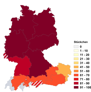 Relative Auftretenshäufigkeit von Stückchen innerhalb der einzelnen Areale im Verhältnis zu Stückerl, Stückle, Stücklein und Stückli (in %)