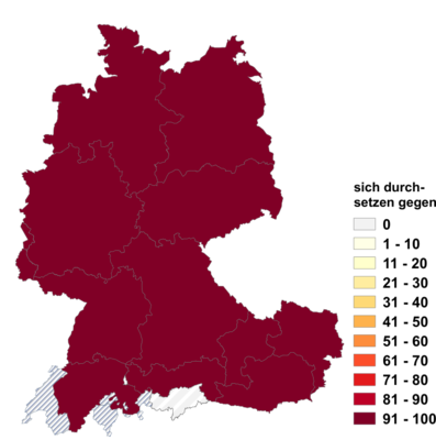 Relative Auftretenshäufigkeit von sich durchsetzen gegen innerhalb der einzelnen Areale im Verhältnis zu sich durchsetzen gegenüber und sich durchsetzen über (in %)