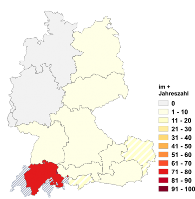 Relative Auftretenshäufigkeit von im + Jahreszahl innerhalb der einzelnen Areale im Verhältnis zu in + Jahreszahl und ø + Jahreszahl (in %)