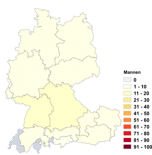 Relative Auftretenshäufigkeit von Mannen innerhalb der einzelnen Areale im Verhältnis zum Gesamtvorkommen in allen Arealen (in %)