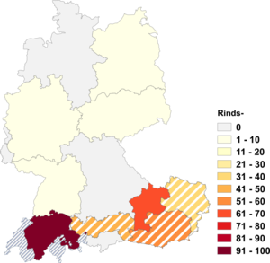 Relative Auftretenshäufigkeit von Rinds- innerhalb der einzelnen Areale im Verhältnis zu Rinder- (in %)