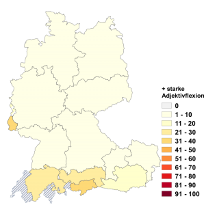 Relative Auftretenshäufigkeit von solche + starke Adjektivflexion innerhalb der einzelnen Areale im Verhältnis zu solche + schwache Adjektivflexion (in %)