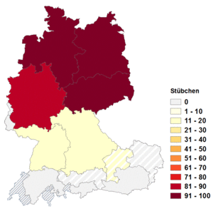 Relative Auftretenshäufigkeit von Stübchen innerhalb der einzelnen Areale im Verhältnis zu Stüberl, Stüble und Stübli (in %)
