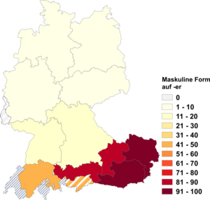 Relative Auftretenshäufigkeit der maskulinen Form auf -er innerhalb der einzelnen Areale im Verhältnis zur femininen Form (in %)