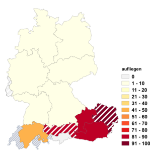 Relative Auftretenshäufigkeit von aufliegen innerhalb der einzelnen Areale im Verhältnis zu ausliegen (in %)