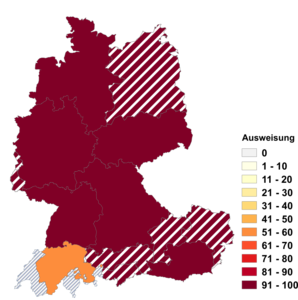 Relative Auftretenshäufigkeit von Ausweisung innerhalb der einzelnen Areale im Verhältnis zu Wegweisung (in %)