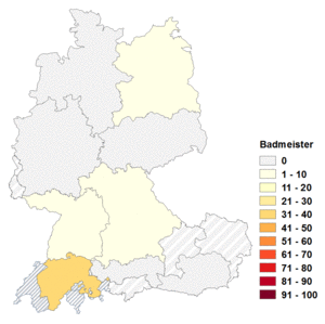Relative Auftretenshäufigkeit von Badmeister innerhalb der einzelnen Areale im Verhältnis zu Bademeister (in %)