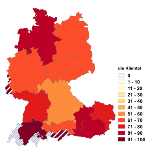 Relative Auftretenshäufigkeit von die Klientel innerhalb der einzelnen Areale im Verhältnis zu das Klientel (in %)