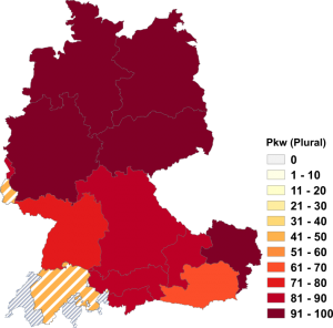 Relative Auftretenshäufigkeit von Pkw innerhalb der einzelnen Areale im Verhältnis zu Pkws (Plural, in %)