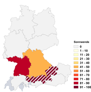 Relative Auftretenshäufigkeit von Sonnwende innerhalb der einzelnen Areale im Verhältnis zu Sonnwend (in %)