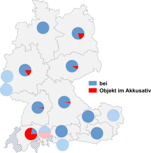 Relative Auftretenshäufigkeit von anfragen bei / anfragen mit Akkusativobjekt innerhalb der einzelnen Areale