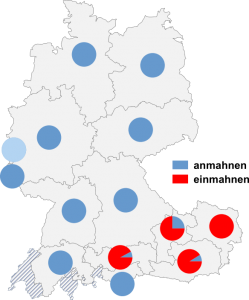 Relative Auftretenshäufigkeit von anmahnen / einmahnen innerhalb der einzelnen Areale