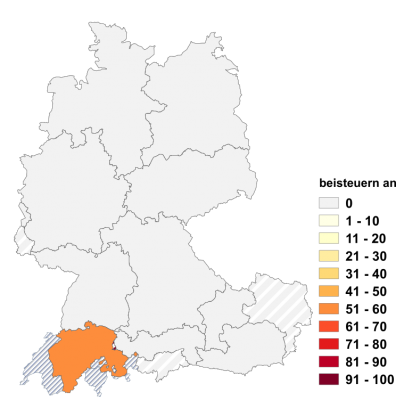 Relative Auftretenshäufigkeit von beisteuern an innerhalb der einzelnen Areale im Verhältnis zu beisteuern für und beisteuern zu (finanziell; in %)