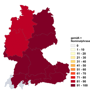 Relative Auftretenshäufigkeit von gemäß + Nominalphrase innerhalb der einzelnen Areale im Verhältnis zu Nominalphrase + gemäß (in %)