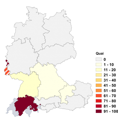 Relative Auftretenshäufigkeit von Quai innerhalb der einzelnen Areale im Verhältnis zu Kai und Kaje (in %)