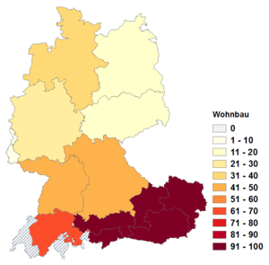Relative Auftretenshäufigkeit von Wohnbau innerhalb der einzelnen Areale im Verhältnis zu Wohnungsbau (in %)