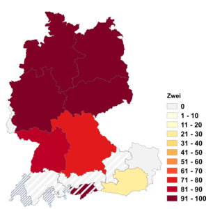 Relative Auftretenshäufigkeit von Zwei innerhalb der einzelnen Areale im Verhältnis zu Zweier (in %)