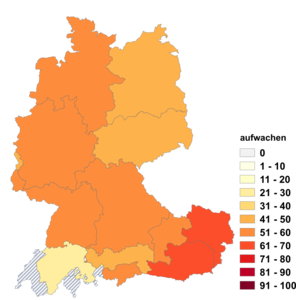 Relative Auftretenshäufigkeit von aufwachen innerhalb der einzelnen Areale im Verhältnis zu erwachen (in %)