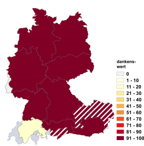 Relative Auftretenshäufigkeit von dankenswert innerhalb der einzelnen Areale im Verhältnis zu verdankenswert (in %)